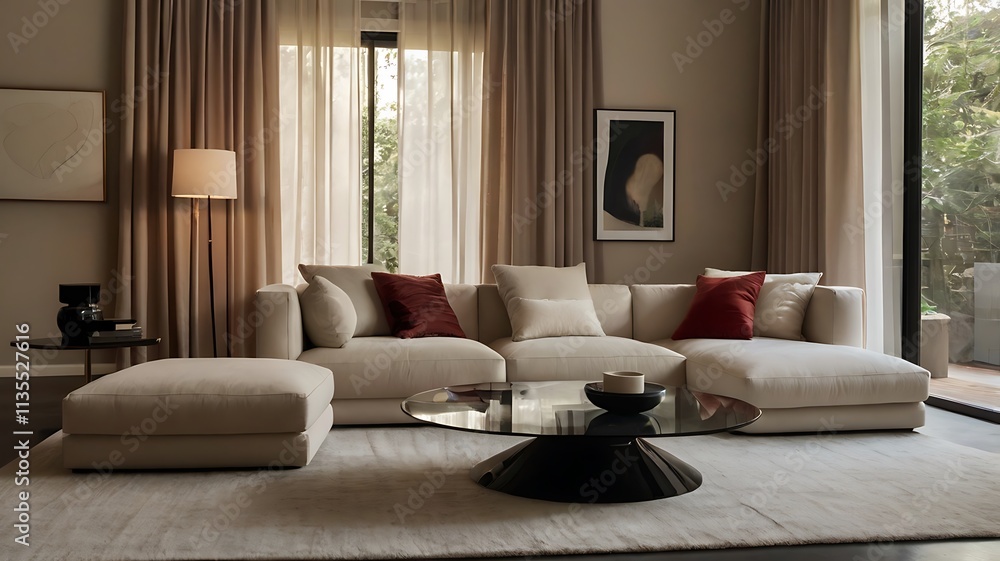 Obraz premium A Minimalist Living Room with Neutral Tones and Modern Charm