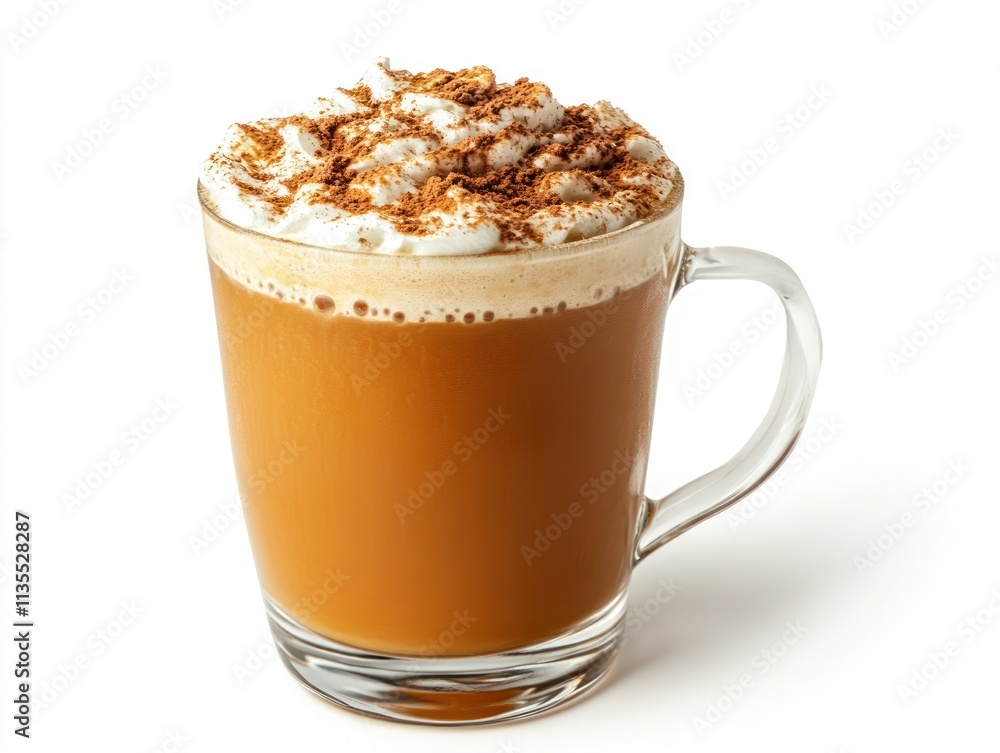 A glass mug filled with a creamy coffee beverage topped with whipped cream and cocoa. A glass mug filled with a creamy coffee beverage topped with whipped cream and cocoa.