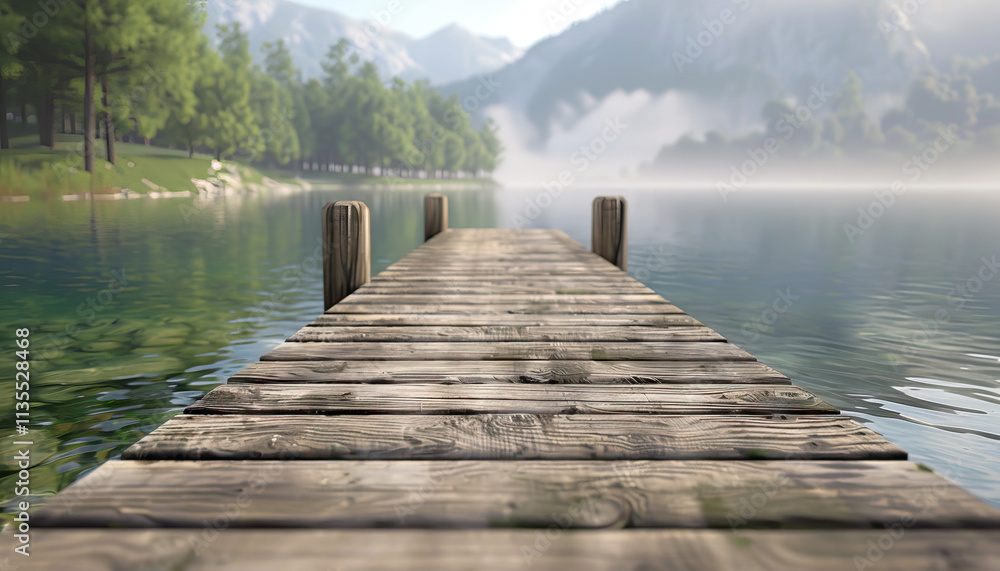 Fototapeta premium Wooden Dock on Calm Lake with Mountain Background