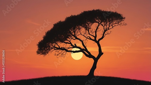 A Minimalist Nature Wallpaper Of A Lone Tree On A Grassy Hill, Silhouetted Against A Glowing Orange And Pink Sunset