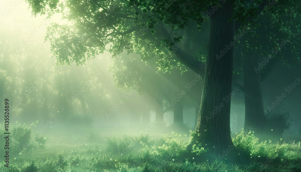 Obraz premium Misty Forest at Dawn: Digital Rendering