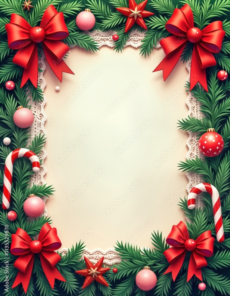 Festive Christmas border with rich evergreen branches. Red bows, ornaments adorn branches creating charming, decorative border. Candy canes displayed within plants adding to winter holiday theme. Festive Christmas border with rich evergreen branches. Red bows, ornaments adorn branches creating charming, decorative border. Candy canes displayed within plants adding to winter holiday theme.