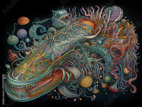 A large, ornate, colorful creature with many appendages, like a fantastical, intricate machine or organism. Lots of swirling, detailed textures photo