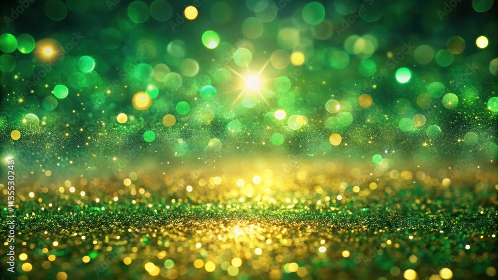 Obraz premium Abstract green and gold glittering background, glitter, sparkles, shiny, festive, abstract, vibrant, texture