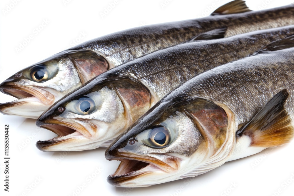 Three fresh whole trout with mouths open, isolated on white. Three fresh whole trout with mouths open, isolated on white.