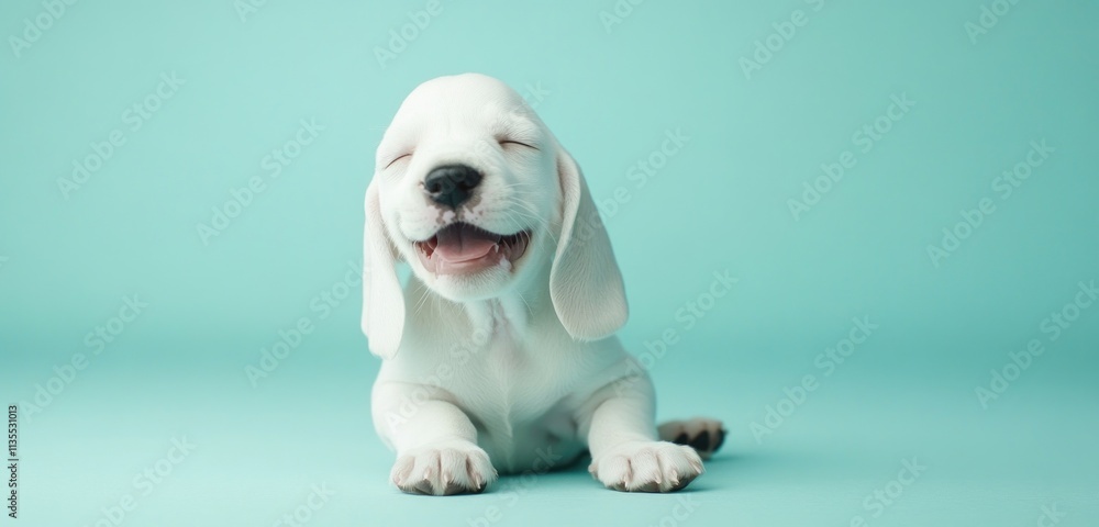 Happy white puppy smiling, against aqua backdrop. Happy white puppy smiling, against aqua backdrop.
