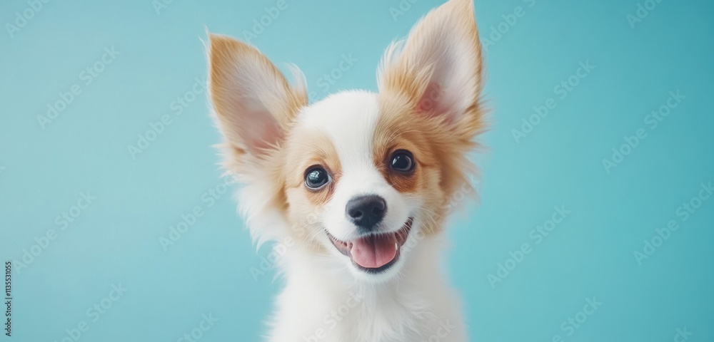 Smiling white-brown chihuahua puppy facing forward on light blue background. Smiling white-brown chihuahua puppy facing forward on light blue background.