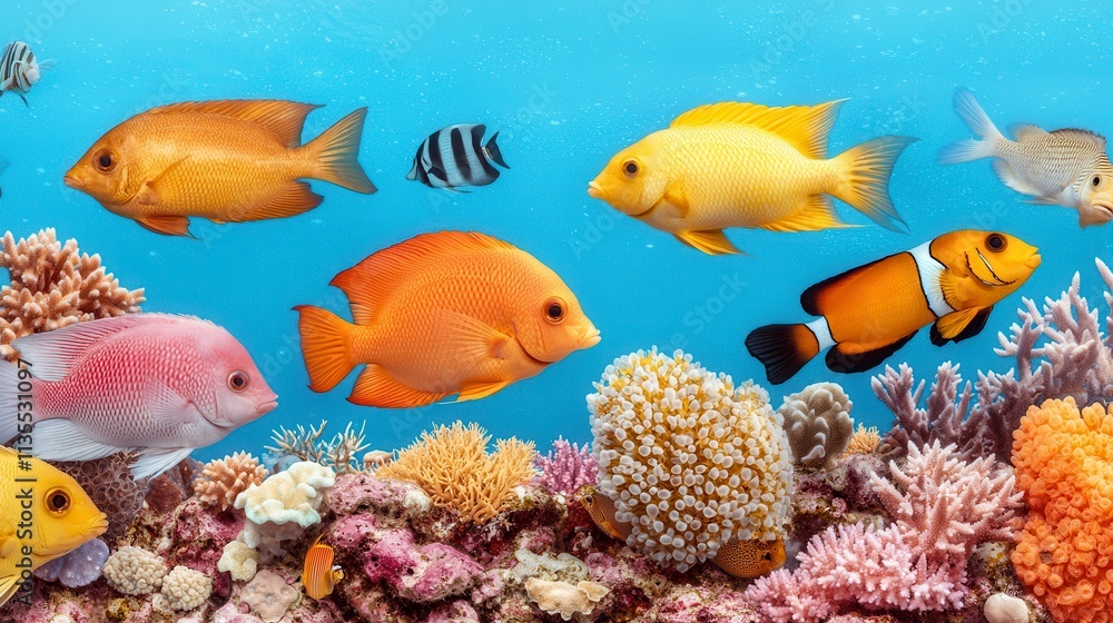 Fototapeta premium Vibrant Coral Reef with Colorful Fish Panorama