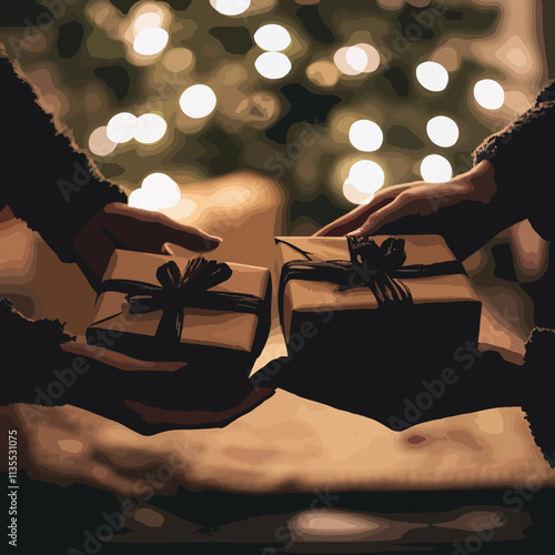 Silhouette of Hands Sharing Gifts for Secret Santa, Secret Santa Gift Exchange Christmas day, New Year's Eve, Happy New Year 
