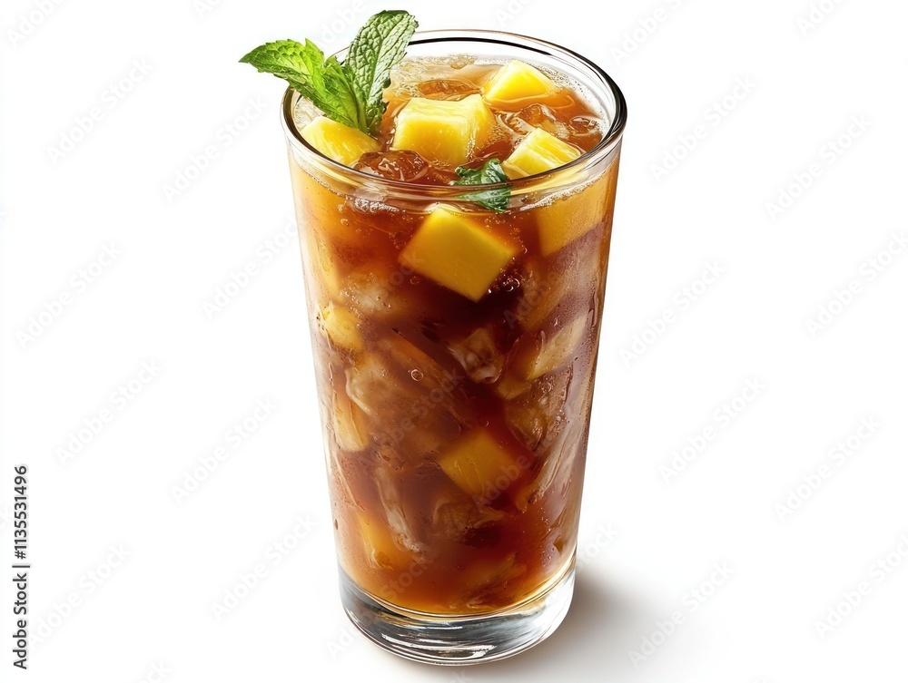 A refreshing drink with mango pieces and mint, served over ice in a tall glass. A refreshing drink with mango pieces and mint, served over ice in a tall glass.