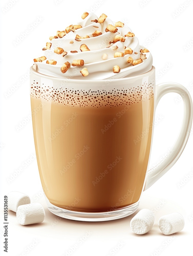 A creamy coffee drink topped with whipped cream and nuts, served in a clear glass mug.