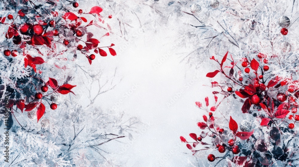 Winter foliage with red berries, frosted branches, and snowy background. Winter foliage with red berries, frosted branches, and snowy background.