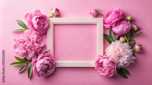 Fototapeta Naklejka Na Ścianę i Meble -  Pink frame with peonies and insert on pink background, peonies, flowers, pink, frame, floral, design,background, decorative