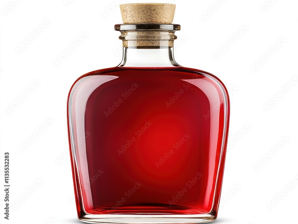 A glass bottle filled with a deep red liquid, sealed with a cork. A glass bottle filled with a deep red liquid, sealed with a cork.