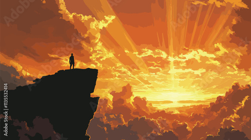 Silhouette of Man on Cliff During Stunning Golden Hour, Golden Hour Outdoor Photography, New Year's day, New Year's Eve 
