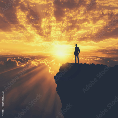 Silhouette of Man on Cliff During Stunning Golden Hour, Golden Hour Outdoor Photography, New Year's day, New Year's Eve 
