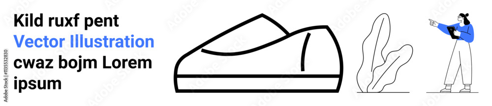 Simple shoe sketch, minimalist plant, and person in blue jacket pointing at text. Ideal for fashion, minimalism, design, simplicity, lifestyle, modern art, and promotional use. Landing page Simple shoe sketch, minimalist plant, and person in blue jacket pointing at text. Ideal for fashion, minimalism, design, simplicity, lifestyle, modern art, and promotional use. Landing page