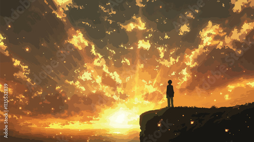 Silhouette of Man on Cliff During Stunning Golden Hour, Golden Hour Outdoor Photography, New Year's day, New Year's Eve 
