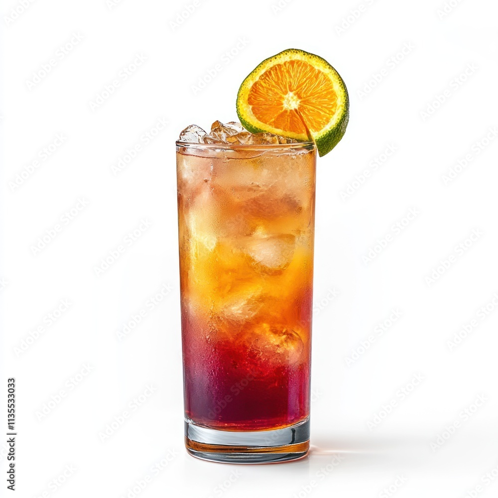A refreshing layered drink with ice, garnished with an orange and lime slice. A refreshing layered drink with ice, garnished with an orange and lime slice.