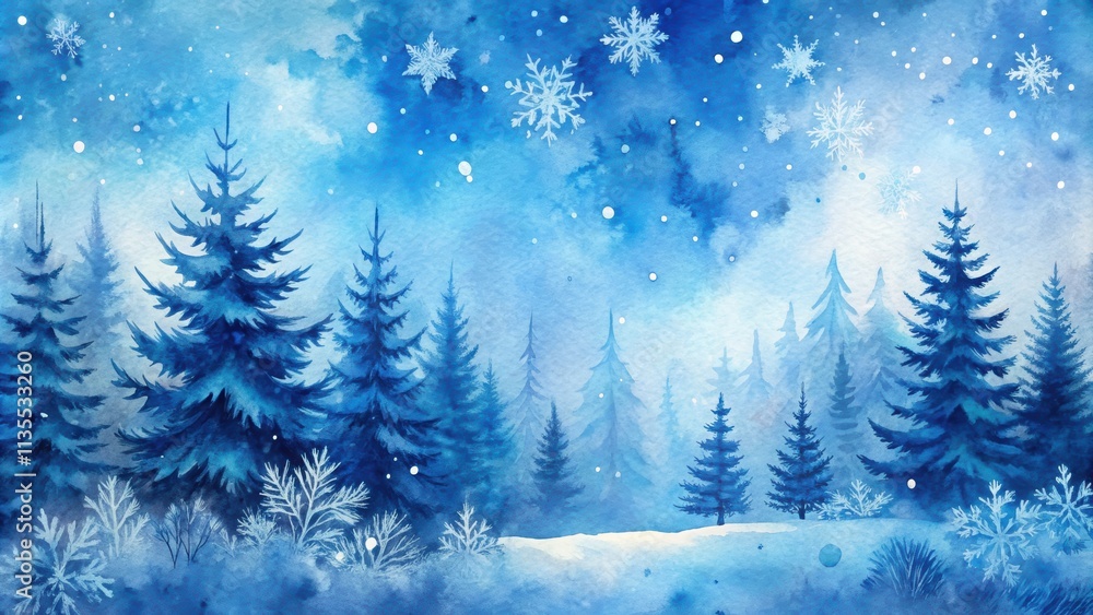 Obraz premium Beautiful watercolour painting of a blue winter scene with crisp snowflakes, trees, and a forest , winter, blue, snowflakes