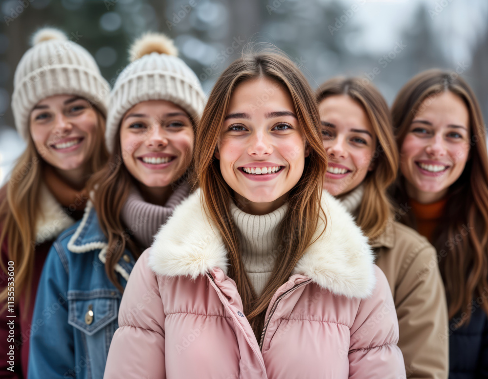 Group of happy young adults smiling outdoors in winter. Wearing winter clothes, looking at camera. Appear to on winter vacation. Friendly faces express joy, happiness. Setting suggests winter scene Group of happy young adults smiling outdoors in winter. Wearing winter clothes, looking at camera. Appear to on winter vacation. Friendly faces express joy, happiness. Setting suggests winter scene