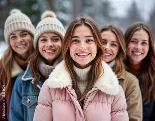Group of happy young adults smiling outdoors in winter. Wearing winter clothes, looking at camera. Appear to on winter vacation. Friendly faces express joy, happiness. Setting suggests winter scene