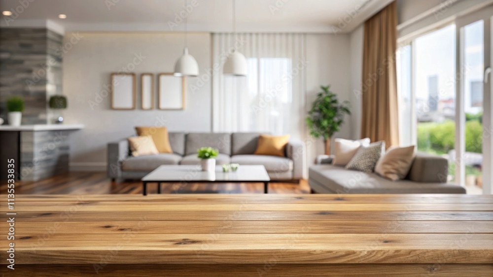 Wooden table in front of blurred modern living room interior , furniture, interior design, home decor Wooden table in front of blurred modern living room interior , furniture, interior design, home decor
