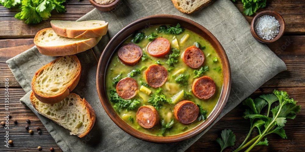 Flat lay arrangement of Portuguese Caldo Verde soup with chorizo sausage, bread, cabbage julienne, and oil Flat lay arrangement of Portuguese Caldo Verde soup with chorizo sausage, bread, cabbage julienne, and oil