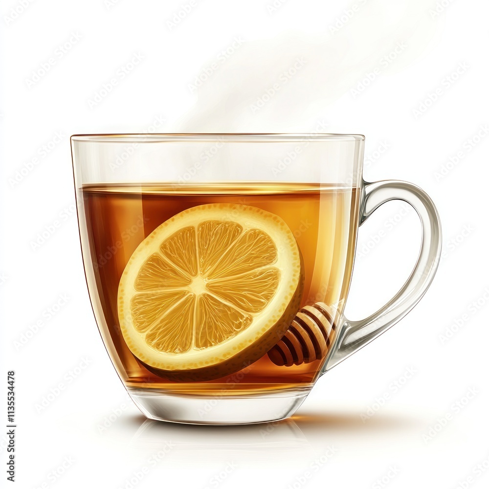 A steaming cup of tea with a lemon slice and honey, inviting warmth and comfort. A steaming cup of tea with a lemon slice and honey, inviting warmth and comfort.