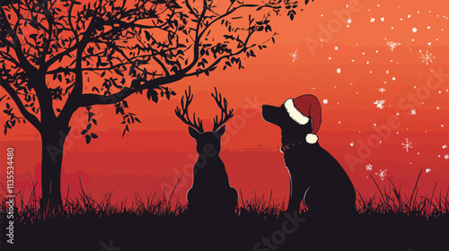 Silhouette of Pets in Christmas Costumes by Holiday Tree, Pets in Christmas CostumesChristmas day, New Year's Eve, Happy New Year