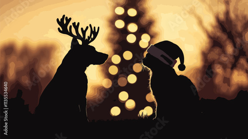 Silhouette of Pets in Christmas Costumes by Holiday Tree, Pets in Christmas CostumesChristmas day, New Year's Eve, Happy New Year