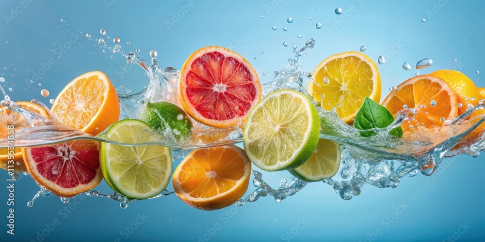 Fruit slices falling into water creating colorful splashes, fruit, water, splash, fresh, healthy, juice, motion, vibrant Fruit slices falling into water creating colorful splashes, fruit, water, splash, fresh, healthy, juice, motion, vibrant