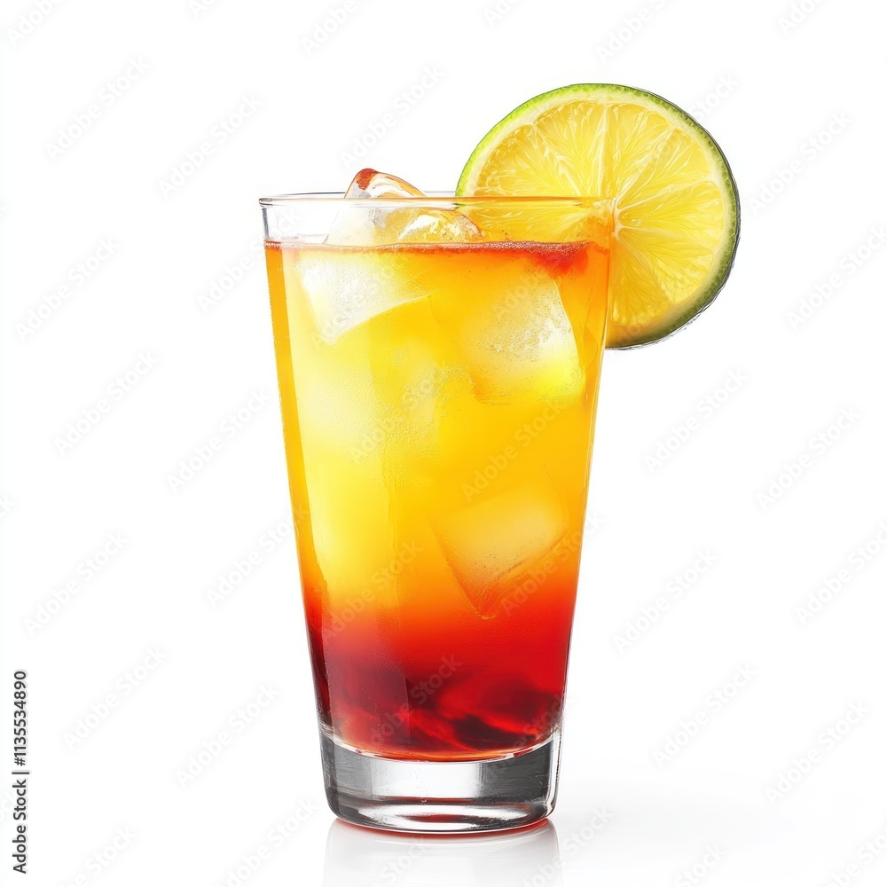 A refreshing layered drink with ice and a lime garnish, perfect for summer enjoyment. A refreshing layered drink with ice and a lime garnish, perfect for summer enjoyment.