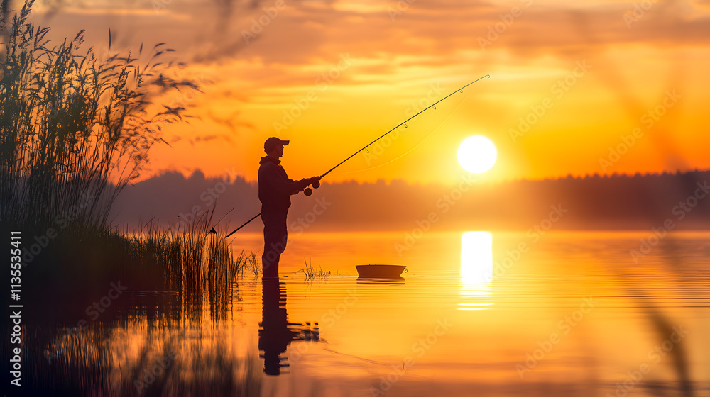 Fishing at sunset on a tranquil lake, capturing the essence of the moment. Fishing at sunset on a tranquil lake, capturing the essence of the moment.