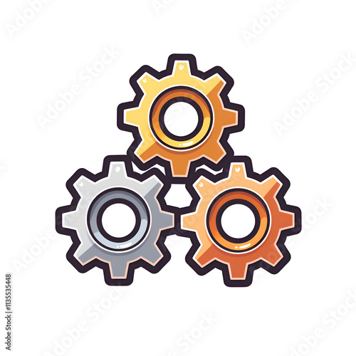 Stylized gears arrangement three interlocking mechanisms in vibrant colors, digital illustration of iconography concept.