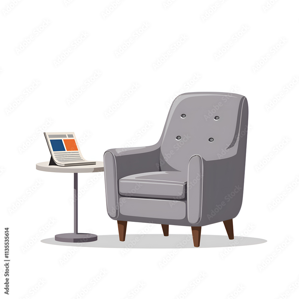 Cozy gray armchair with a side table and laptop in a minimalist setting, digital art of interior design concept. Cozy gray armchair with a side table and laptop in a minimalist setting, digital art of interior design concept.