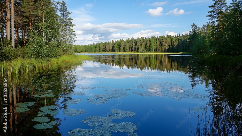 Fototapeta premium Serene Finnish lake landscape. Tranquil nature scene with reflections.