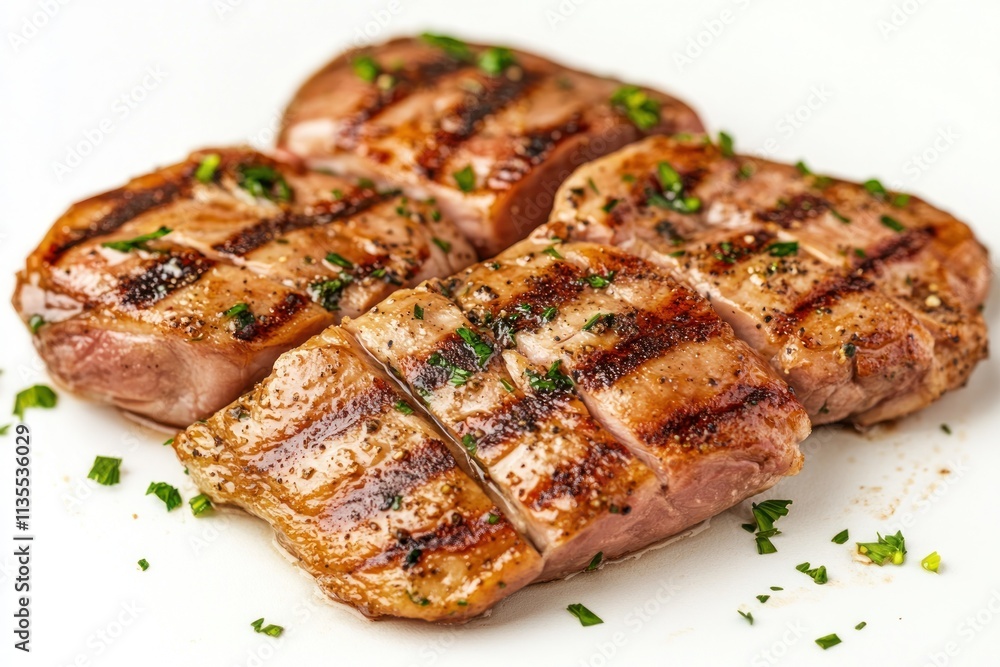 Four grilled pork steaks, seasoned, on a white background. Four grilled pork steaks, seasoned, on a white background.