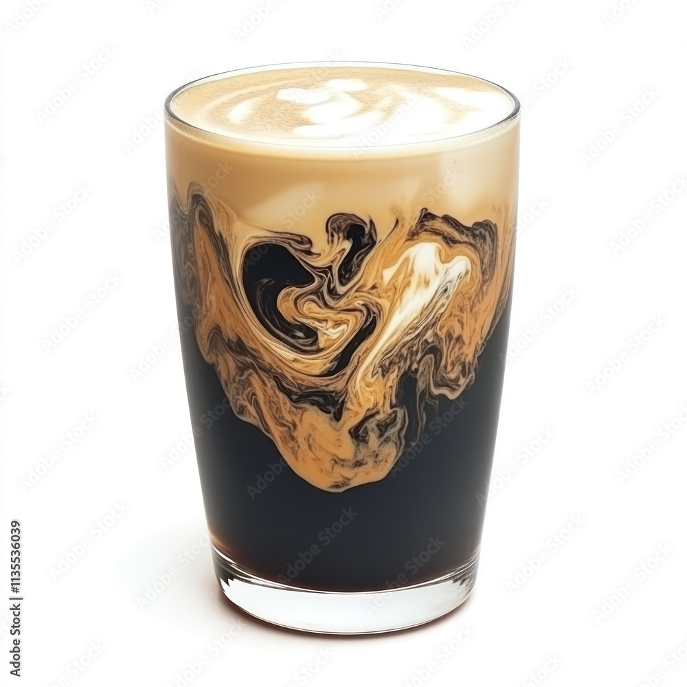 A glass of coffee with swirling cream, showcasing a beautiful marbled effect. A glass of coffee with swirling cream, showcasing a beautiful marbled effect.