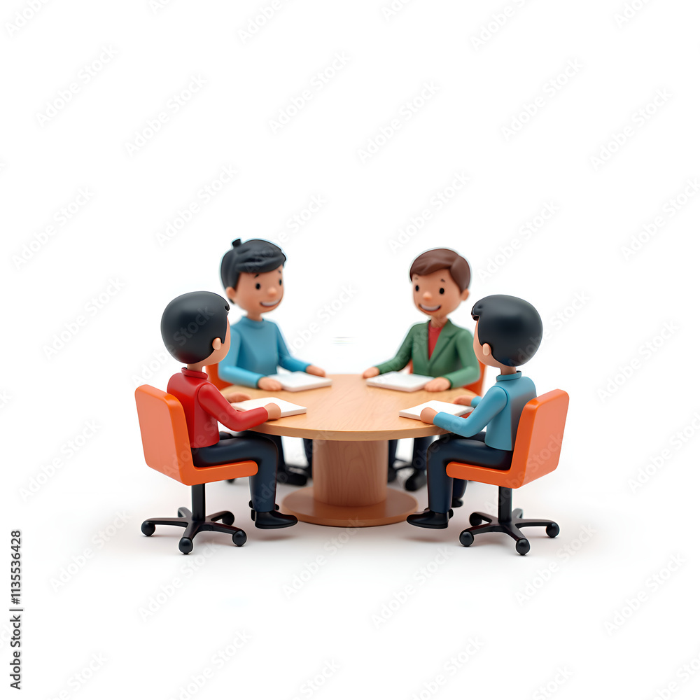 Engaging team meeting around a circular table with diverse participants in a bright workspace, 3d illustration of business collaboration concept. Engaging team meeting around a circular table with diverse participants in a bright workspace, 3d illustration of business collaboration concept.