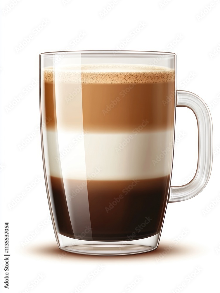 A layered coffee drink in a clear glass mug, showcasing distinct colors and textures. A layered coffee drink in a clear glass mug, showcasing distinct colors and textures.