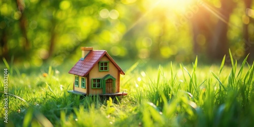 Toy house on green grass in whimsical world, toy, house, grass, green, fictional, fantasy, miniature, play, childhood