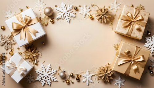 Elegant Christmas Gift Arrangement: Gold and White Presents with Festive Decorations photo