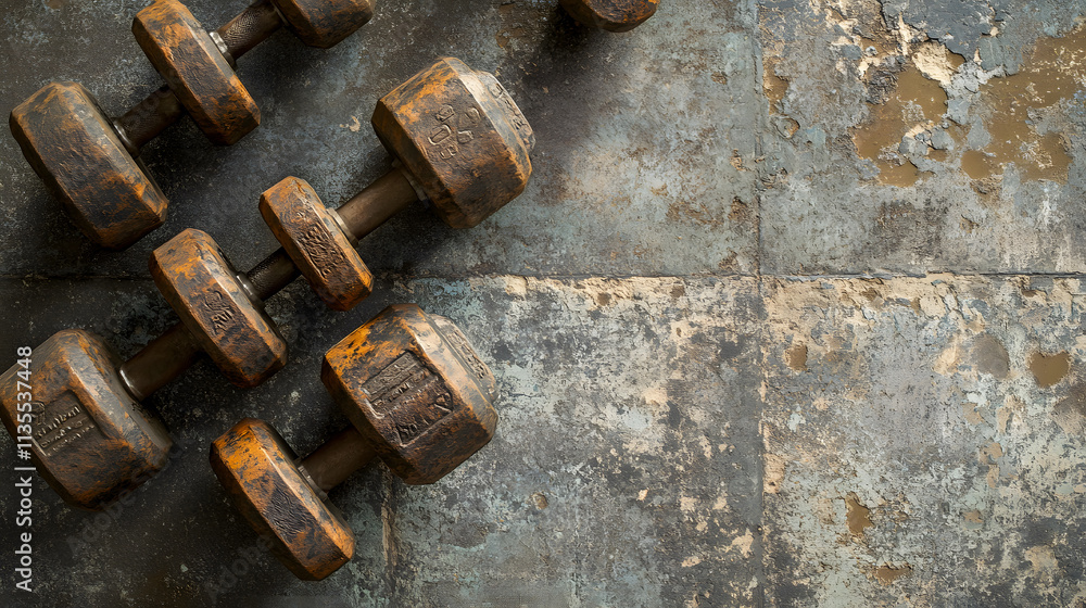 An overhead view of old iron dumbbells on a gray concrete gym floor, emphasizing fitness or bodybuilding. An overhead view of old iron dumbbells on a gray concrete gym floor, emphasizing fitness or bodybuilding.