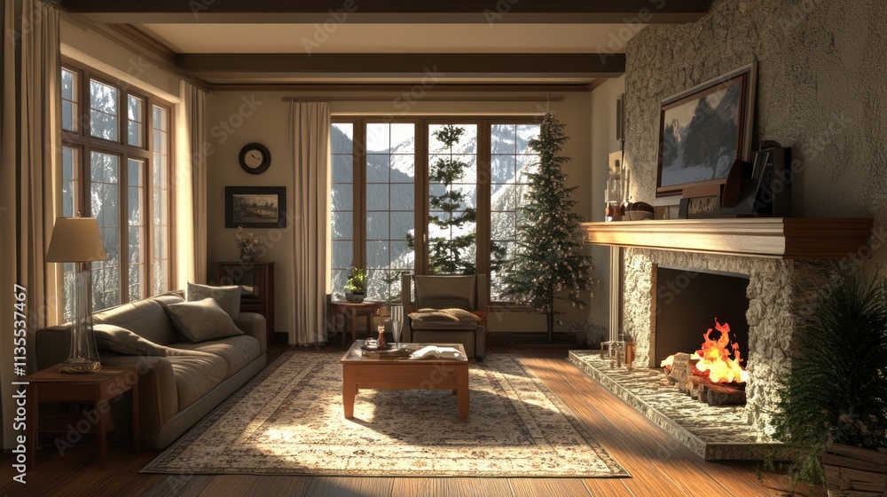 Cozy Mountain Cabin Living Room with Fireplace and Stunning View Cozy Mountain Cabin Living Room with Fireplace and Stunning View