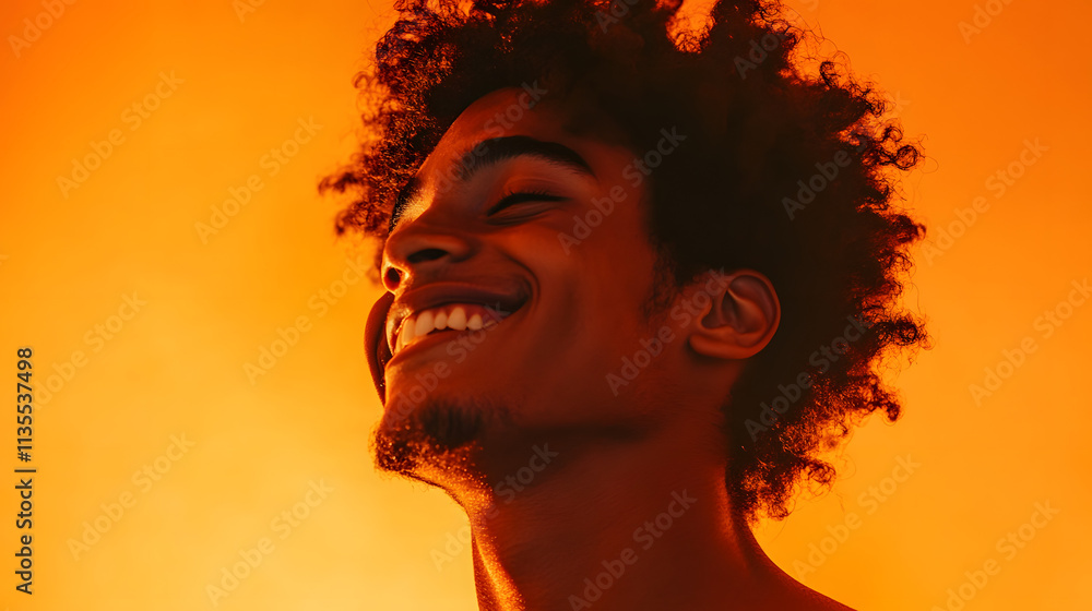 A joyfully smiling young man, his eyes crinkled with laughter, gazes off into the distance against a vibrant orange backdrop.
A joyfully smiling young man, his eyes crinkled with laughter, gazes off into the distance against a vibrant orange backdrop.