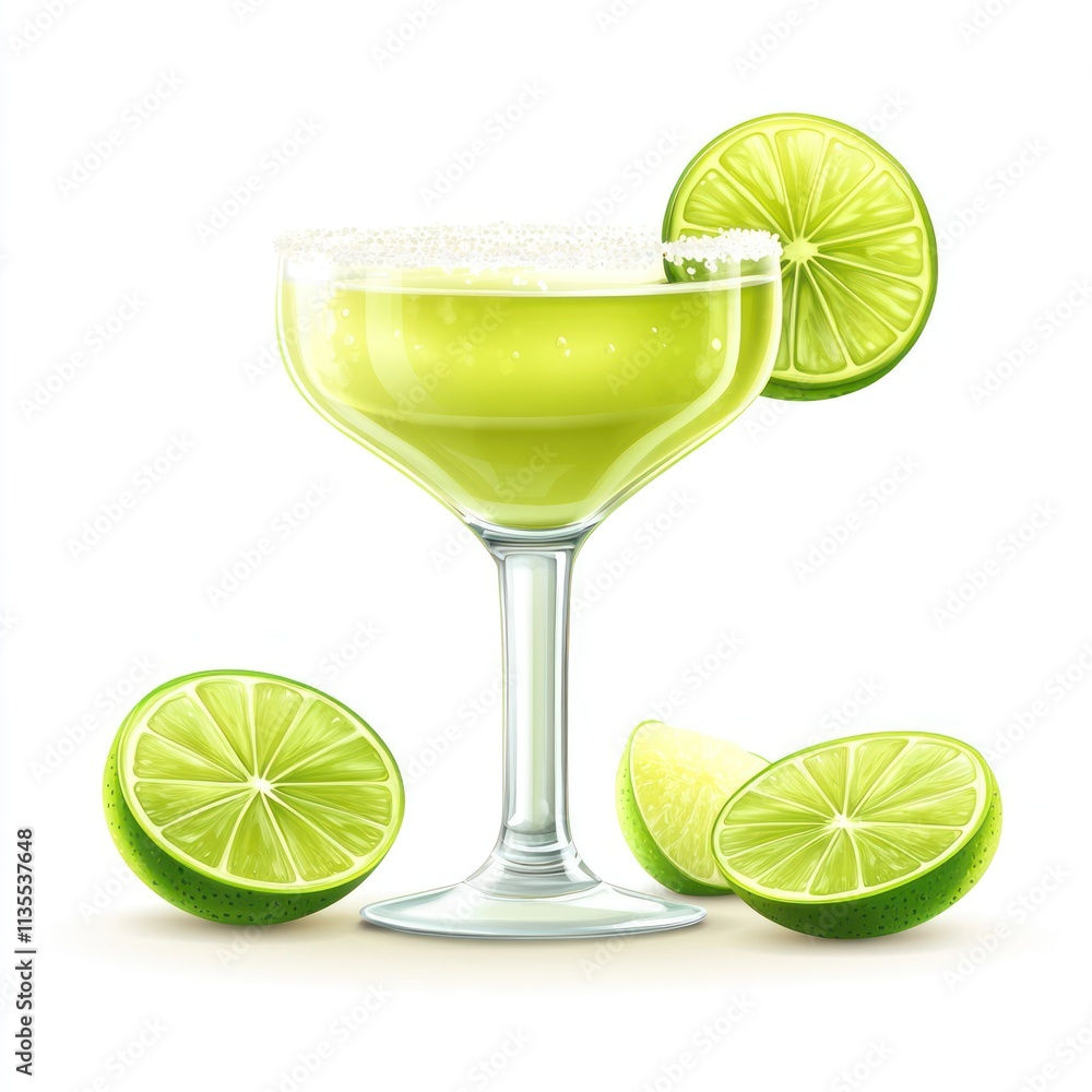 A refreshing margarita cocktail garnished with lime slices and salt on the rim.