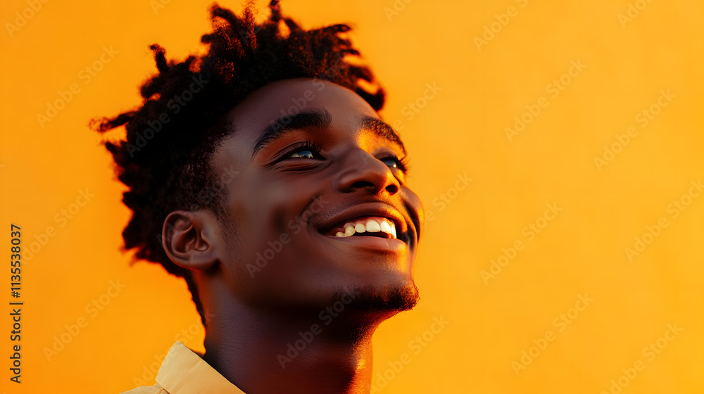 A joyfully smiling young man, his eyes crinkled with laughter, gazes off into the distance against a vibrant orange backdrop.
A joyfully smiling young man, his eyes crinkled with laughter, gazes off into the distance against a vibrant orange backdrop.