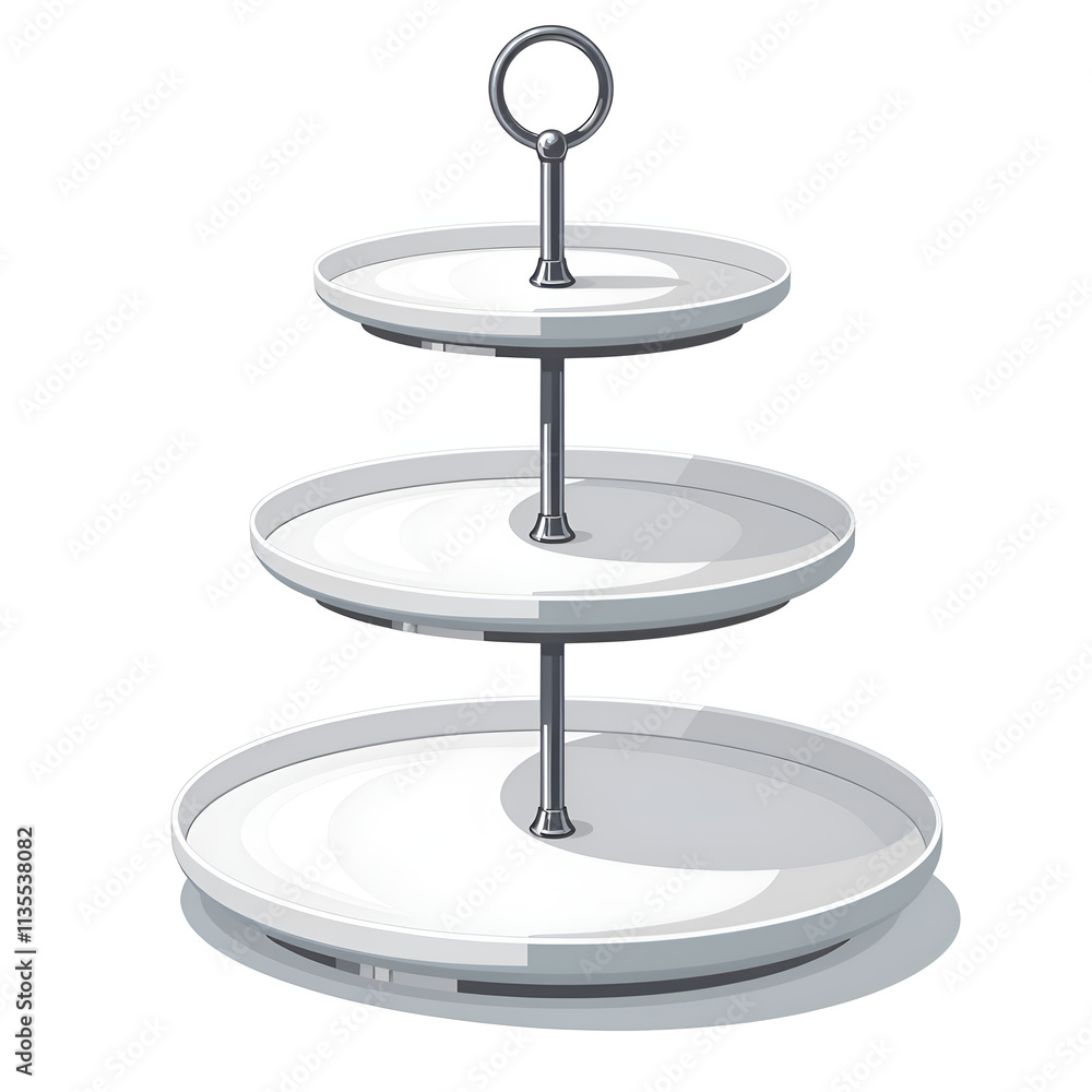 A stylish three tiered serving tray for desserts and appetizers, perfect for any occasion, digital illustration of product design concept. A stylish three tiered serving tray for desserts and appetizers, perfect for any occasion, digital illustration of product design concept.