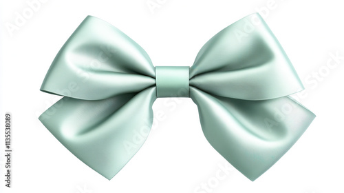 A soft satin bow with a delicate mint green hue, perfectly centered on a clean white background, sharp and crisp edges highlighting the folds and curves of the ribbon